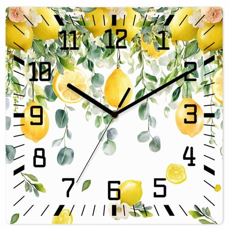 Lemon Eucalyptus Wooden Wall Clock Silent Non Ticking, Farm Flower Fruit Country Boho Summer Square photo Lemon Eucalyptus Wooden Wall Clock Silent Non Ticking, Farm Flower Fruit Country Boho Summer Square