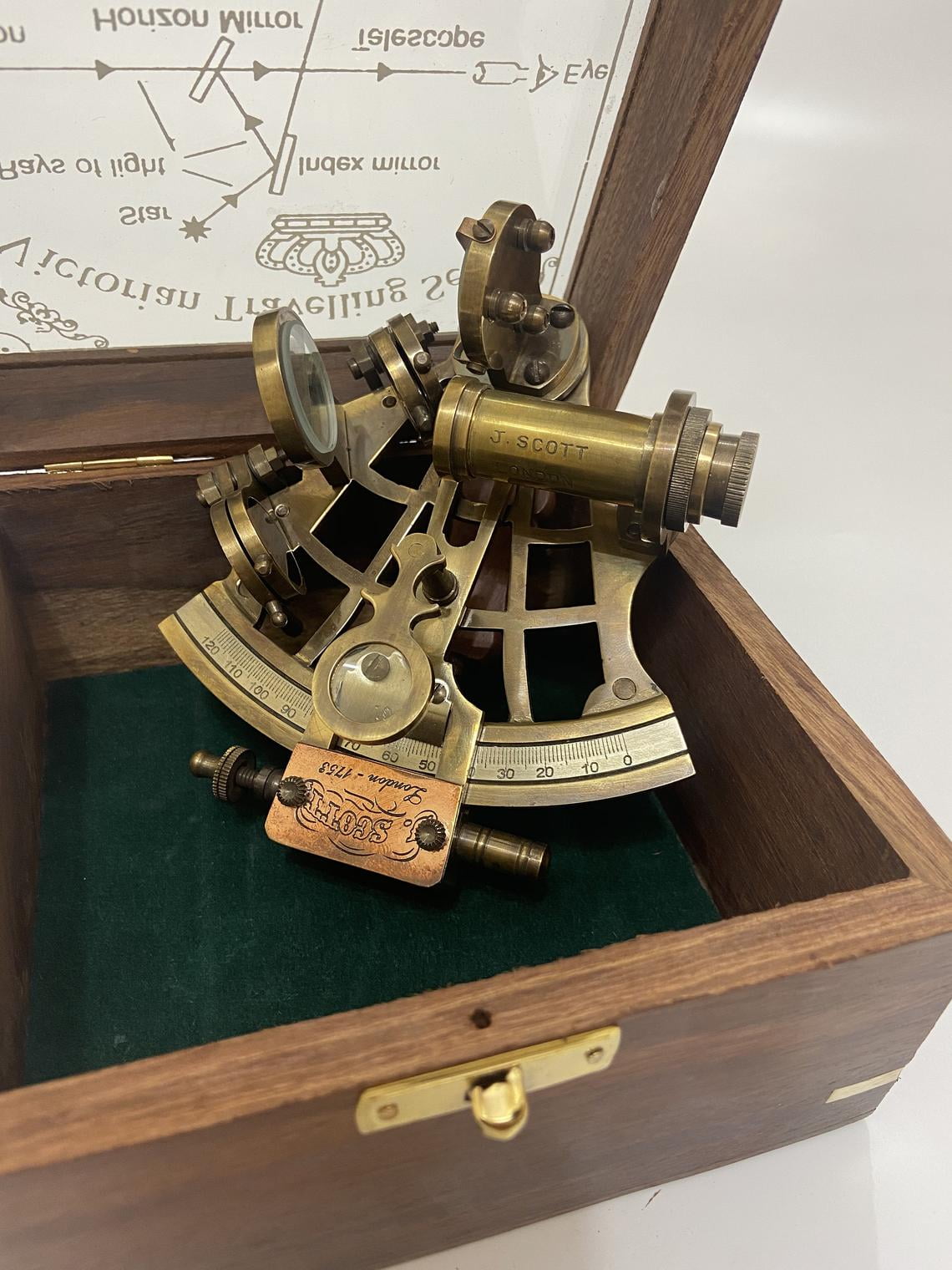 Nautical Antique Brass Ship Sextant J.Scott London Nautical Astrolabe Wood Box 