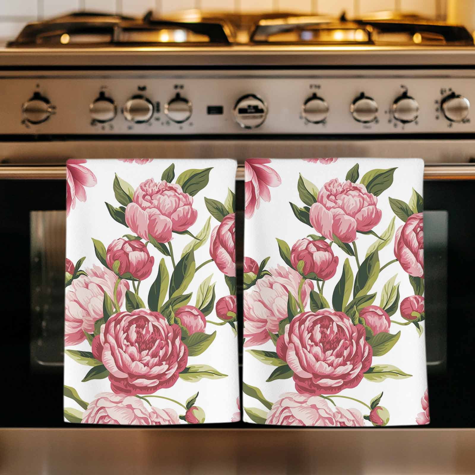 Dish Towels, Pink Rose Floral Absorbent Kitchen Towels 2 PCS, Leaves Flowers Microfiber Hand Towels Dish Cloths Tea Towels for Home&nbsp;Bathroom Cleaning Drying,18X28-Inch,