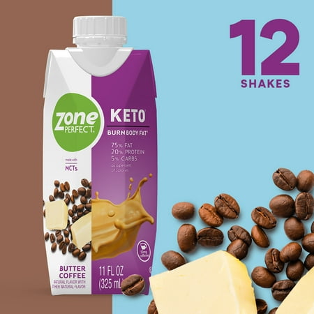 ZonePerfect Keto Shake, Butter Coffee, True Keto Macros To Burn Body Fat, Made With MCTs, 11 fl oz, 12
