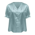thumbnail image 3 of Satin V Neck Button Up Blouse For Women Casual Short Sleeve Shirt With Ruffle Hem French Style Fashion Top Summer Tops Deep V Neck T Shirts Women Long Sleeve Running Tee Womens Pajama Shirt Women Long, 3 of 4