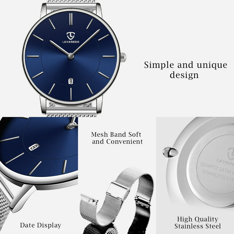 Men's Fashion Minimalist Wrist Watch Analog Blue Date with Silver