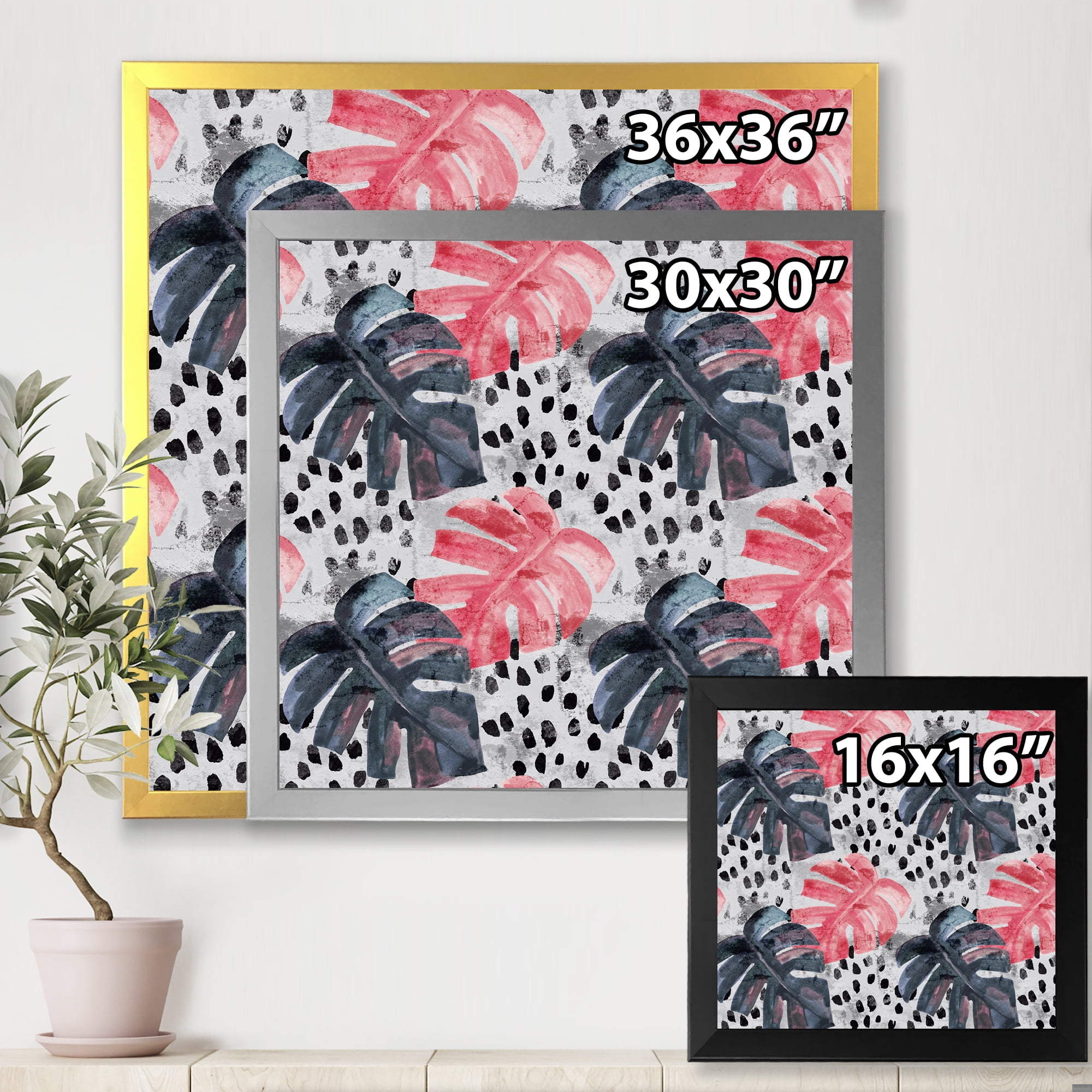 Designart 'Black and Red Monstera On Rough Brush Strokes I' Tropical Framed Art Print
