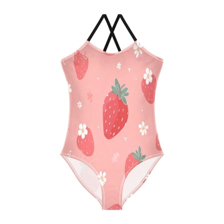 Girls One-Piece Swimwear Girls One-Piece Suspenders Swimsuit Girls Cross Back Swimsuit Children s Quick-Drying Comfortable Swimsuit Juicy Pink Strawberry Motif 4T