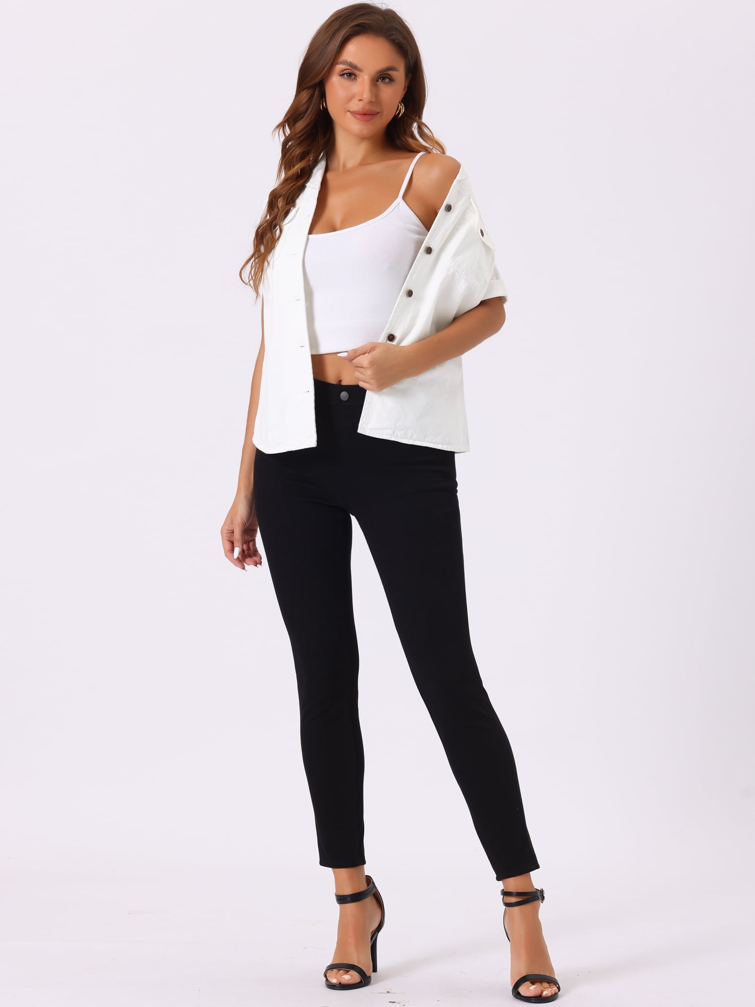 DARING DIVA Women's Denim Collared Short Sleeve Chest Pocket Button Up Shirt S White