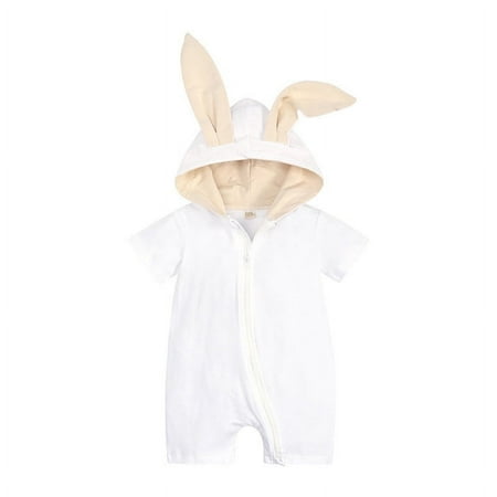 HNMKIU Toddler Boys Girls Solid Zipper Hooded Rabbit Bunny Casual Baby Romper Jumpsuit Playsuit Sunsuit Clothes for 18 Months White 3-6 Months
