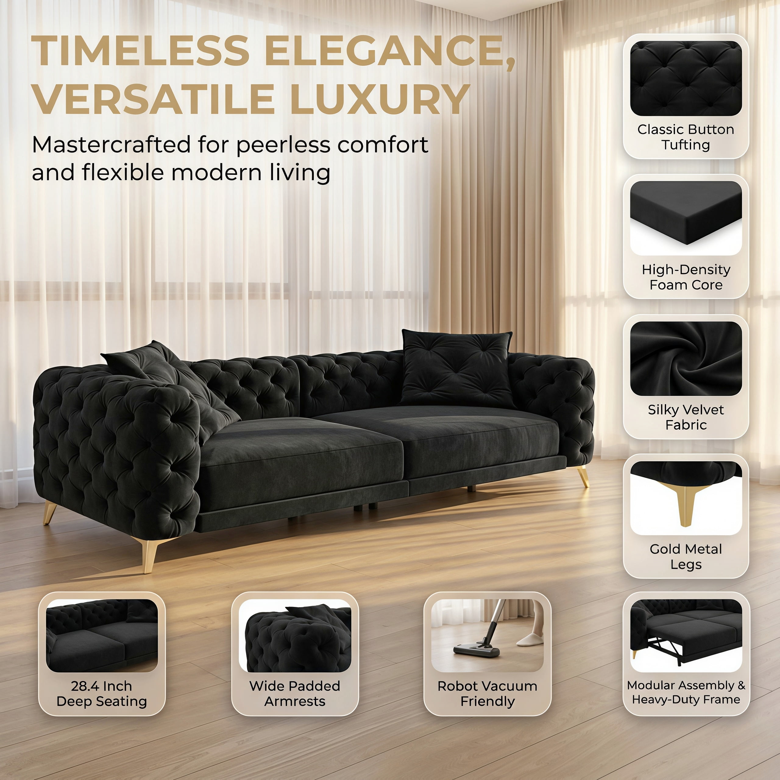 3-in-1 Velvet Sleeper Sofa Bed, 97.7" Modern Button Tufted Convertible Pull Out Couch with Gold Metal Legs & Deep Seat for Living Room, Balck