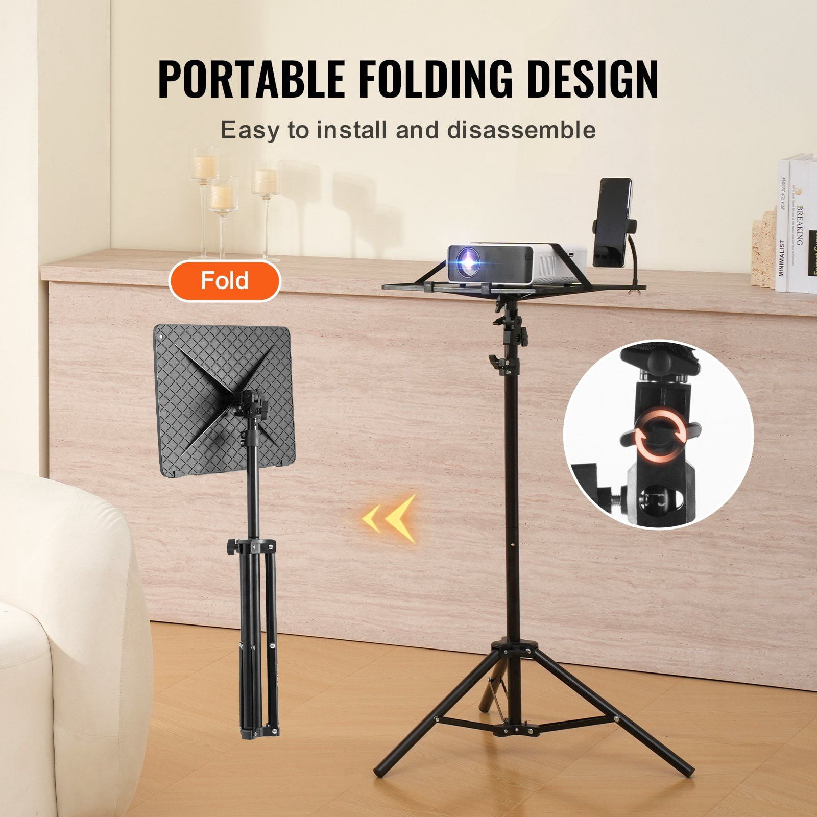 Adjustable Height Projector Stand Tripod with Tray and Gooseneck Phone Holder Portable for Outdoor Movies Home Office Stage Studio 26.97 to 63 Inch