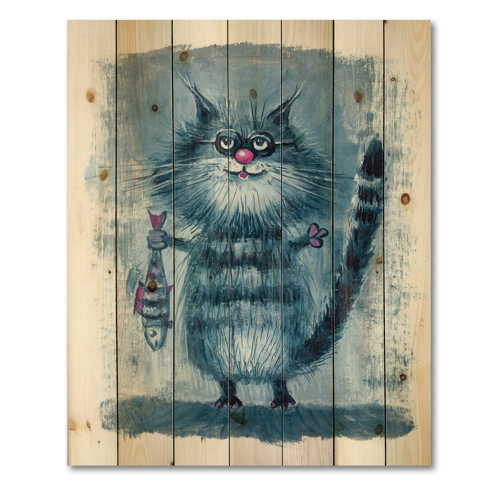 Designart 'Standing Cat Holding A Fish In Its Claws' Nautical & Coastal Print on Natural Pine Wood