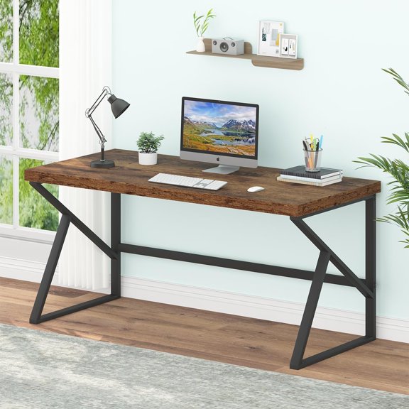 HSH Rustic Computer Desk, Large Executive Writing Study Work Desk for Home Office, Industrial Metal Wooden PC Laptop Long Desk Workstation, Modern Bedroom Living Room Table, Rustic Brown, 60 Inch