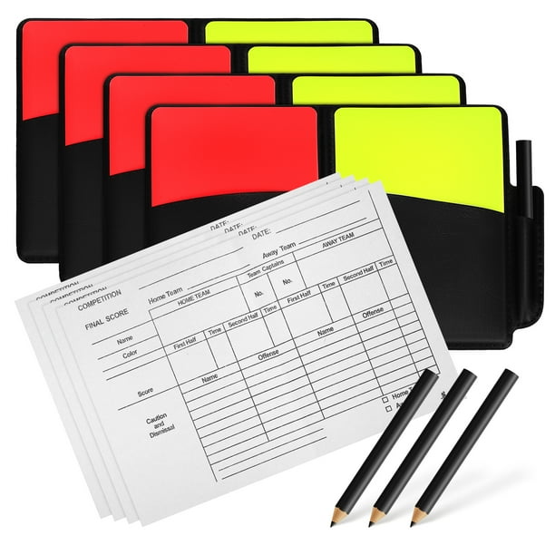 Juego de 4 tarjetas de árbitro, tarjetas rojas y amarillas con soporte, lápiz de puntuación para fútbol, voleibol y árbitros de fútbol