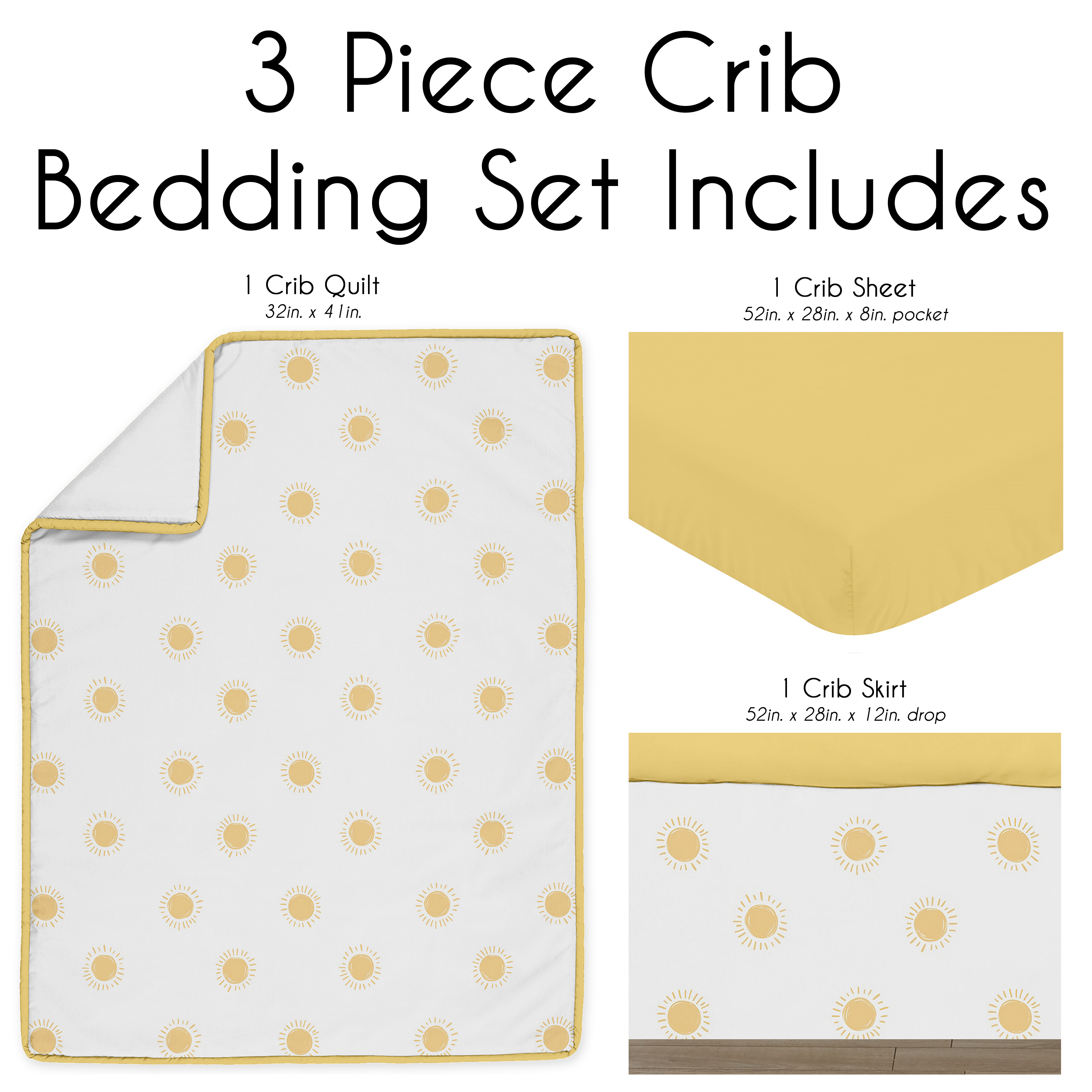 Sweet Jojo Designs Boho Sun White and Mustard Yellow Boy, Girl, Unisex/Gender Neutral Crib Bedding Set 3 Piece