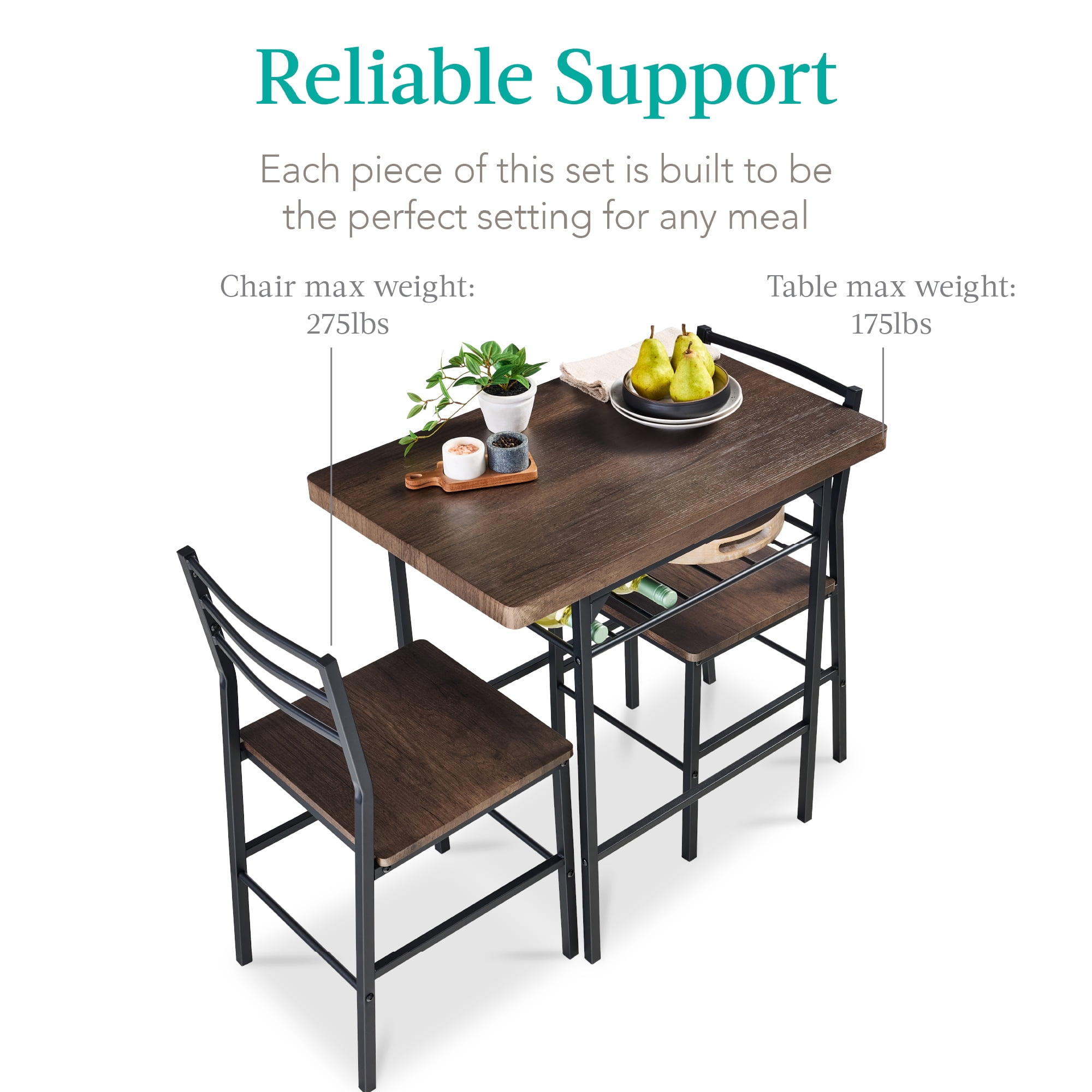 Best Choice Products 3-Piece Modern Dining Set, Square Table & Chairs Set w/ Steel Frame, Storage Rack - Dark Brown/Black