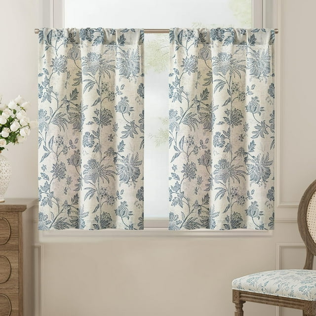Floral Linen Tier Curtains 24 Inch Farmhouse Cafe Curtains Rod Pocket Country Flower Drapes for Small Windows for Kitchen Laundry Room Bathroom RV 2 Panels Light Filtering Blue on Beige