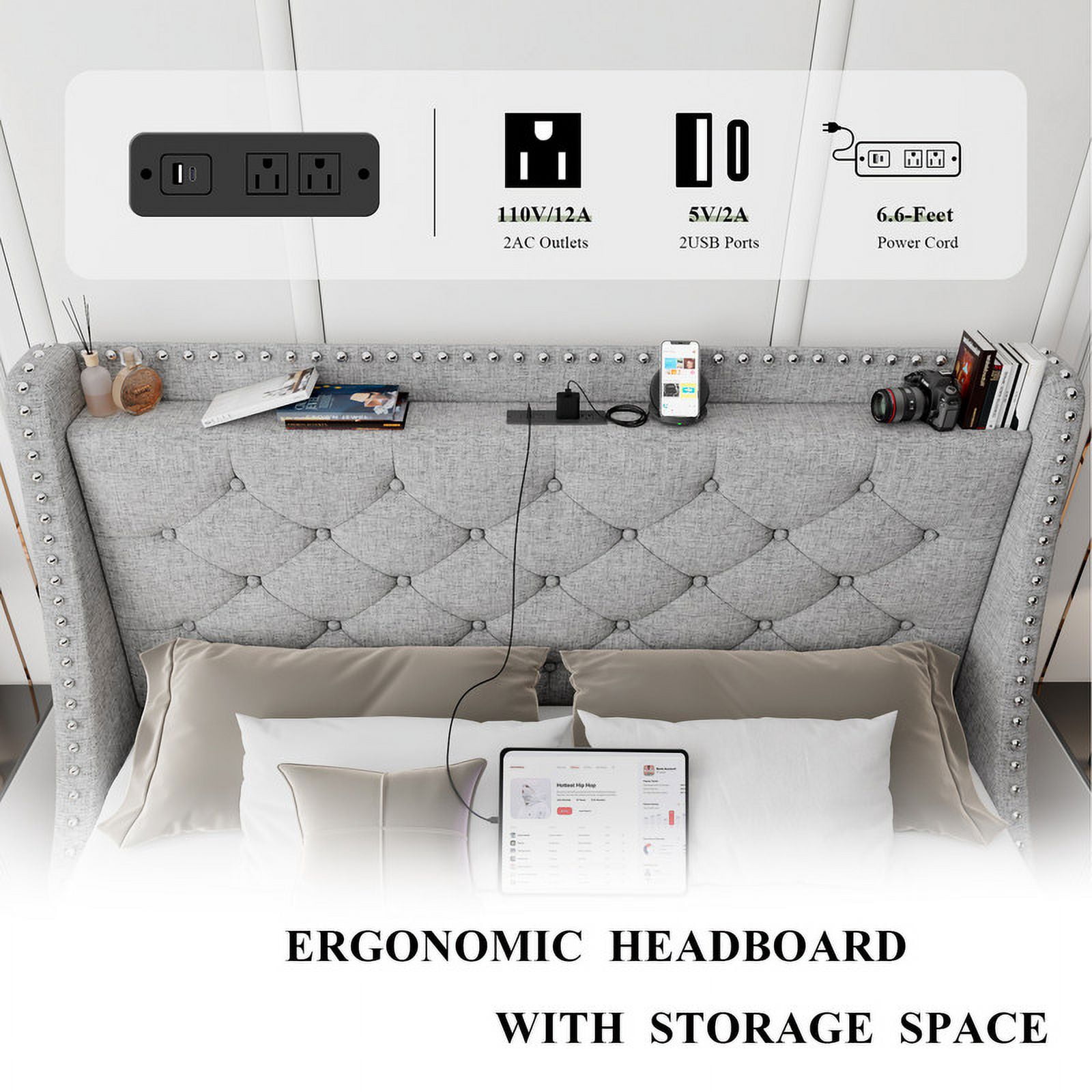 iPormis Full Bed Frame with Upholstered Wingback Button Tufted Storage Headboard, Luxurious Platform Bed with Charging Station, Sturdy Wooden Slats Support,No Box Spring Needed, Light Gray