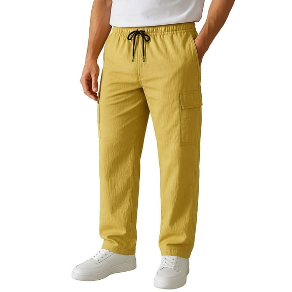 ASUDESIRE Men's Woven Twill Casual Cargo Pants Straight Leg Elastic Waistband Drawstring with 4 Pockets