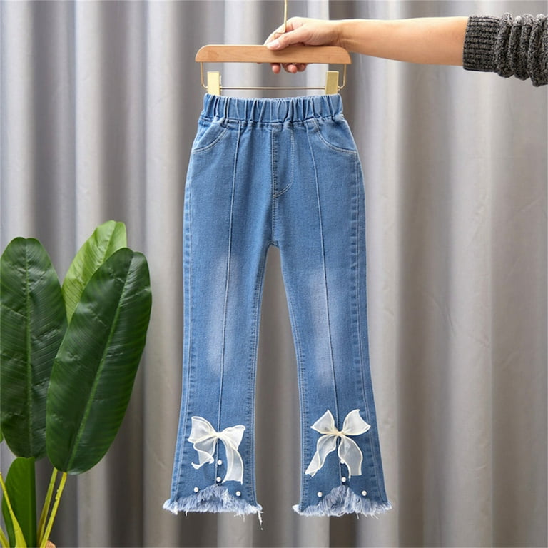 JSGEK 4-5Years Kids Fashion Distressed Girls Pants Comfort Denim Wide Leg  Pants Toddler Baby Jeans Pants Regular Fit Soft White