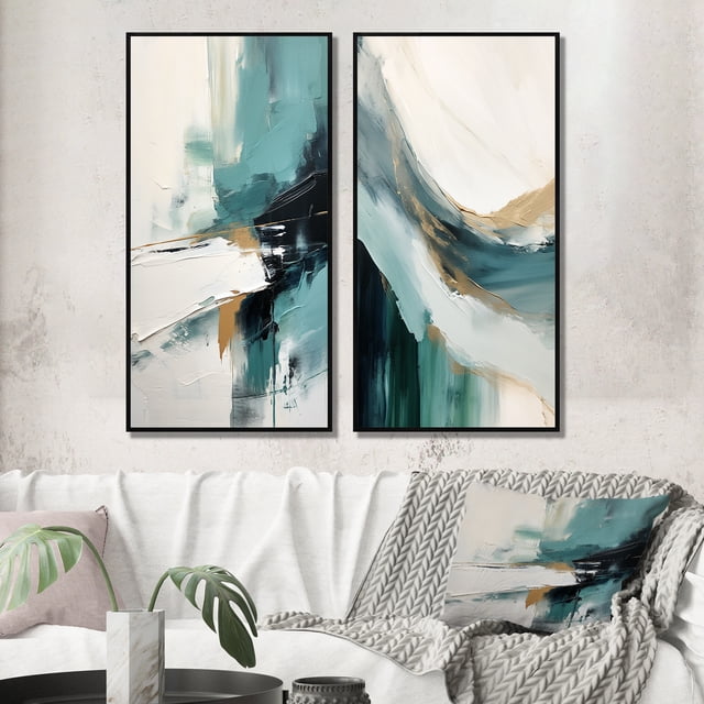 Designart "Vintage Solitude Blue Abstract Painting V" Abstract Painting Framed Wall Art Set Of 2 - Modern White Gallery Wall Frame Set For Home Decor