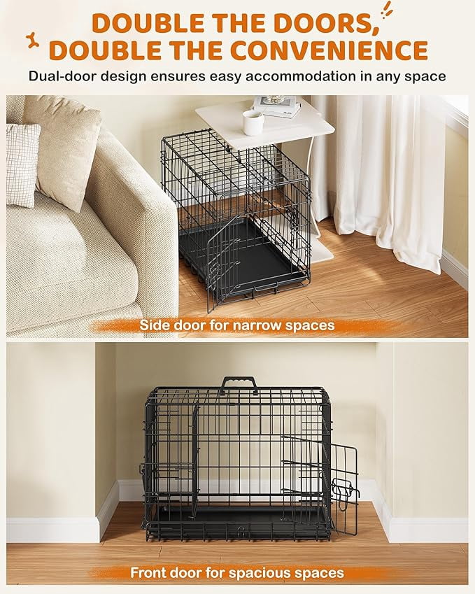 SONGMY 24 inch Dog Crate Double Door w/Divider for Puppy Collapsible Metal Crate with Removable Tray Wire Kennel Pet Crate for Small Dogs Portable Travel Cage, Black