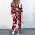 thumbnail image 2 of Women's Two Piece Christmas Snowman & Tree Printed Set: Round Neck Long Sleeve Shirt & Drawstring Sweatpants with Pockets, Dark Red, Size S, 2 of 5