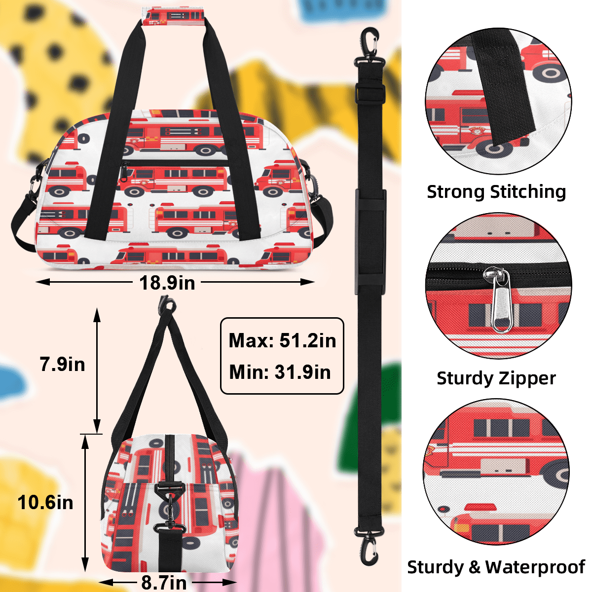 Herdesigns Fire Trucks Sports Duffle Bag for Women & Men, Car Gym Bag Dance Bag Overnight Bag Carry On Weekender Travel Bag