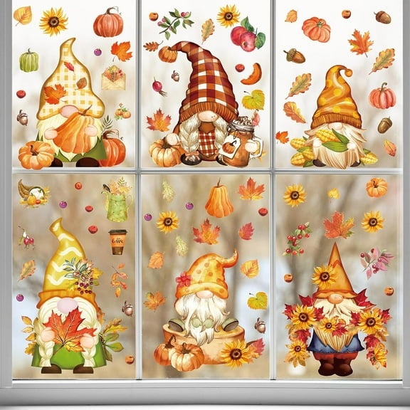 9 Sheets Thanksgiving Day Decorations Window Clings Stickers Fall Maple Gnome Yellow Halloween Pumpking Window Decals Stickers for Thanksgiving Fall Halloween Party Ornaments