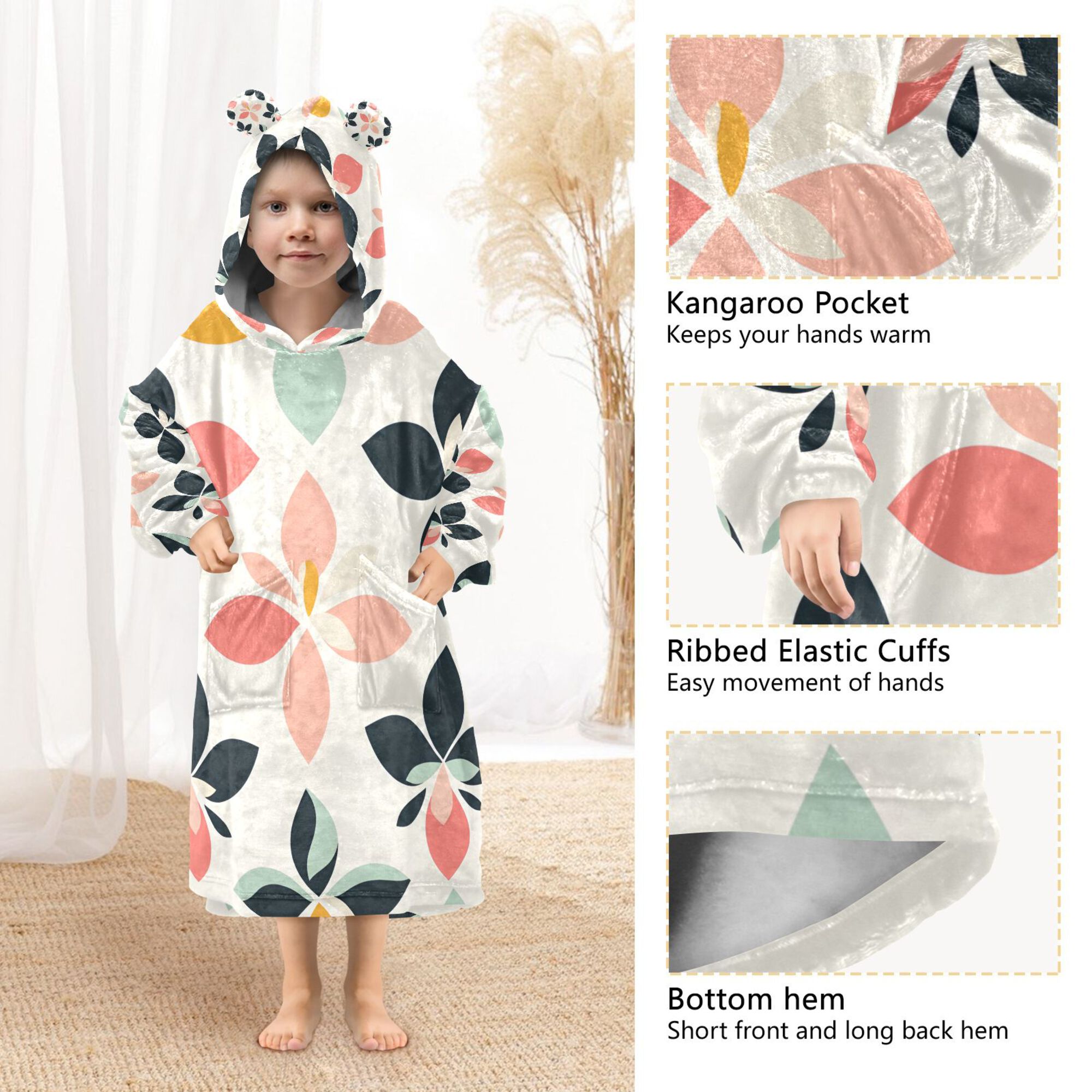 FORMRS Wearable Blanket Hoodie with Sleeves for Kids Cozy Flannel Sweatshirt, Black Retro Flower