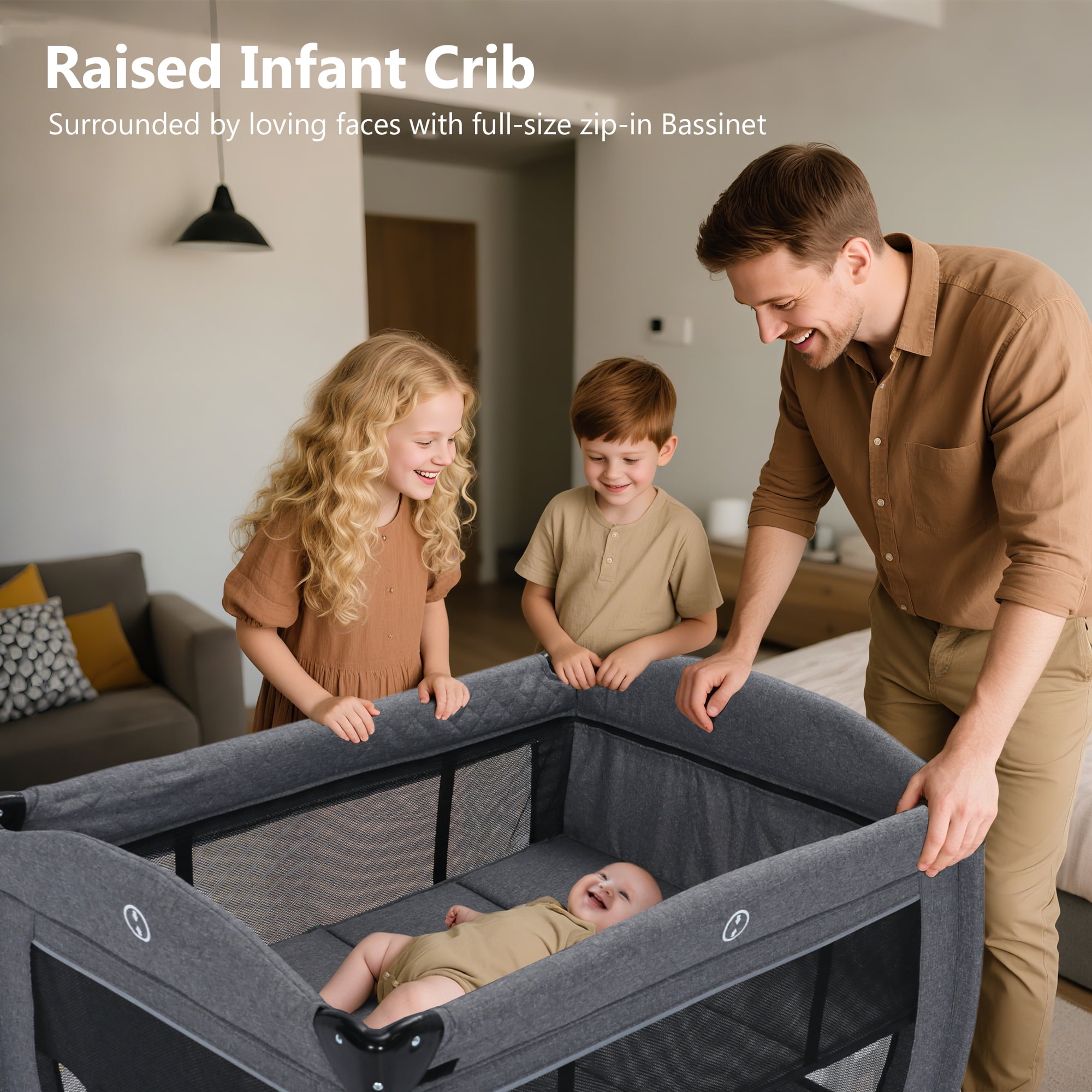 LINLUX Pack and Play w/ Bassinet & Changing Table, Baby Playard for Toddler, Newborn Crib Baby Bed,Gray