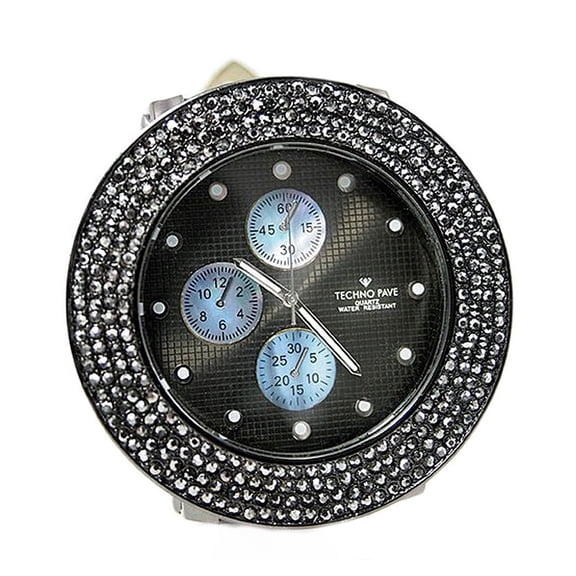 Mens Black Hiphop clubbing watch 60mm 13mm thick case. Black crystal bezel, 3 non-founctional sub-dial, 21 wide black strap with silver bullets fits 9.5 inches wrist.