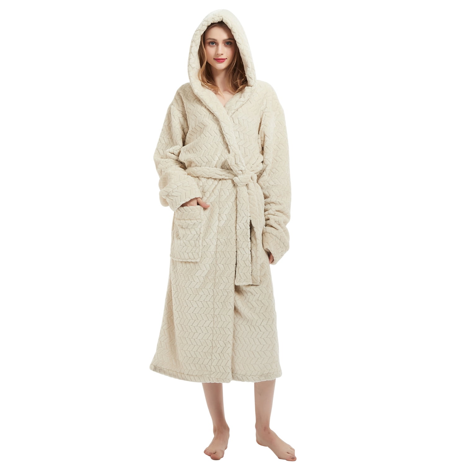 MERRYLIFE Women Bathrobes Lounger Long Fleece Robes Velour Herringbone Texture Bath Robes(Beige