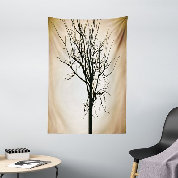 Lonely Tree Tapestry, Woodland Element Barren Tree Design on Bokeh Style Background Ombre Effect, Wall Hanging for Bedroom Living Room Dorm Decor, 40"W X 60"L, Beige and Black, by Ambesonne