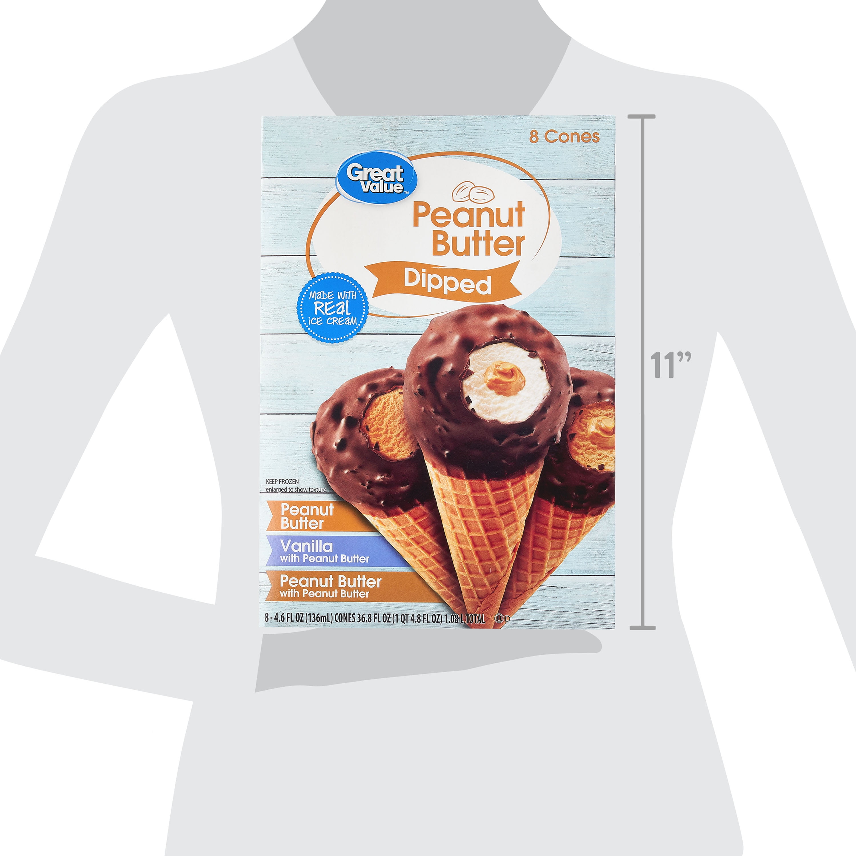 Great Value Peanut Butter Dipped Ice Cream Cones Variety Pack, 4.6 fl oz, 8 Pack