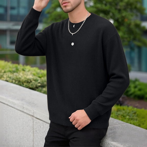 Fnnxeal Mens T-Shirts Long Sleeve Casual Crew Neck Fall Winter Corduroy Black Shirts for Men Size 2XL