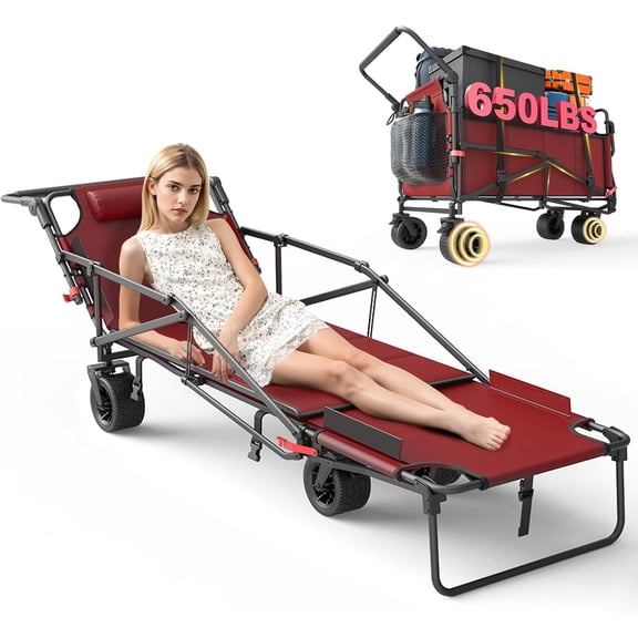 Heavy Duty Folding Wagon - 2-in-1 Collapsible Cart, 650lb Capacity, All-Terrain Wheels w/Brakes & Side Pockets