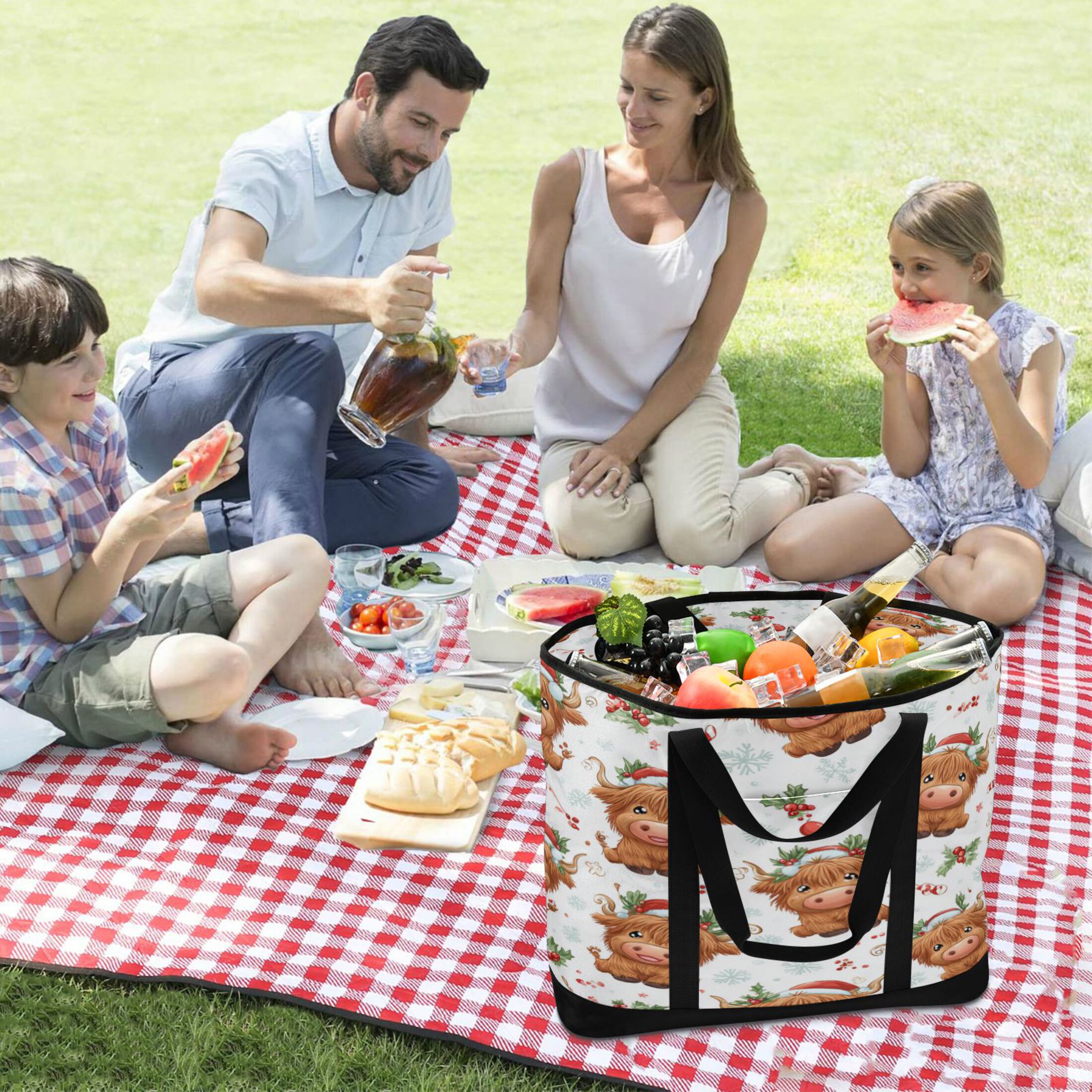 Extra-Large Wide Opening Design Capacity Hand-Held Ice Pack Thickened Insulation Layer For Long-Lasting Cold Retention For Outdoor Shopping Picnics And Camping Adorable Yaks at Christmas