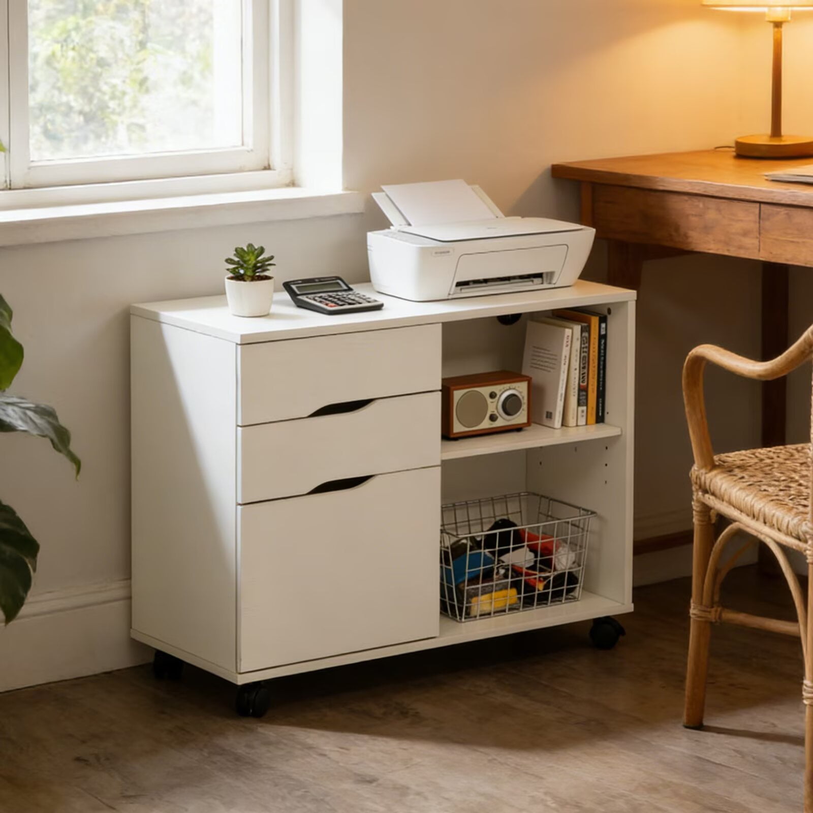 YRLLENSDAN Rolling File Cabinet with Shelves, Wooden Storage Cabinet with 3 Drawers, Lateral Printer Stand with Storage for Home office, White