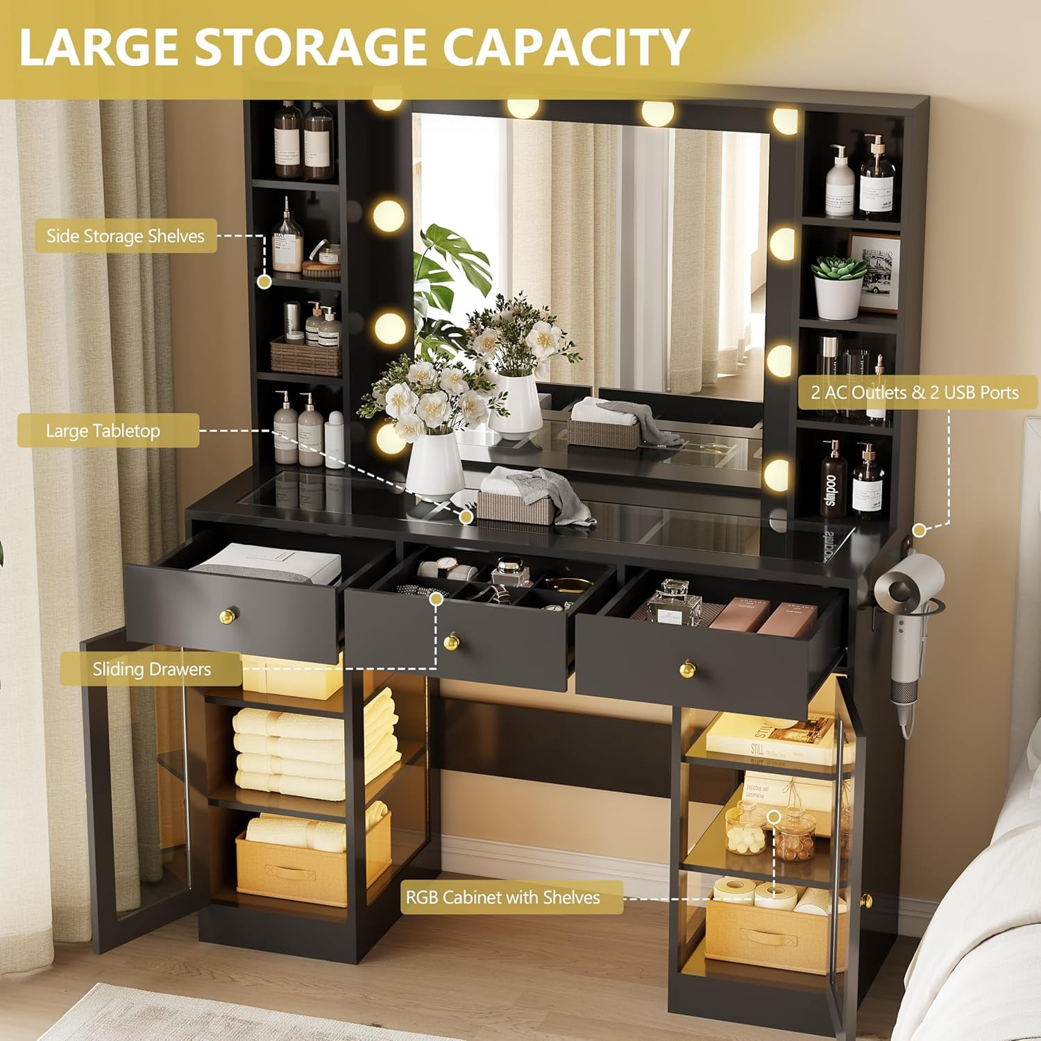 FANRAL Makeup Vanity with Mirror and Lights,Glass Top Vanity Desk with RGB Cabinets,43.5" Large Dressing Table for Women Bedroom,Black Vanity