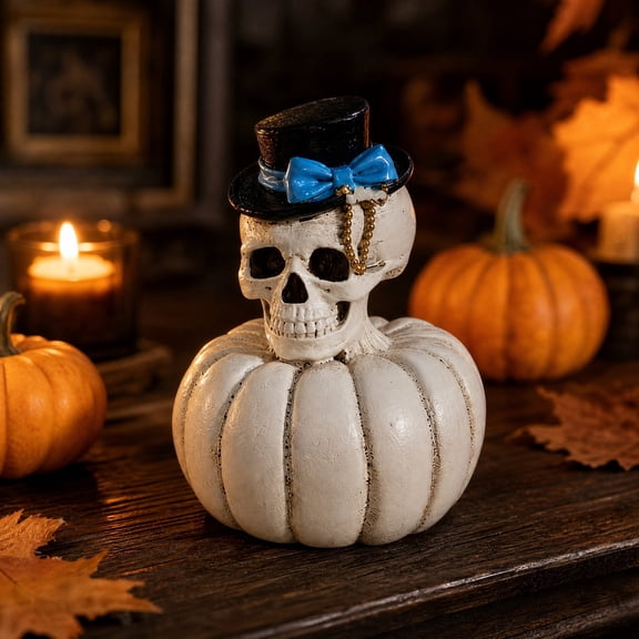 Resin Skull White Pumpkin Figurine With Bow Hat Decor Freestanding Tabletop Statue For Halloween Indoor Party Shelf Mantel Seasonal Home Decor.B:1Pc(3.93*4.92 in)