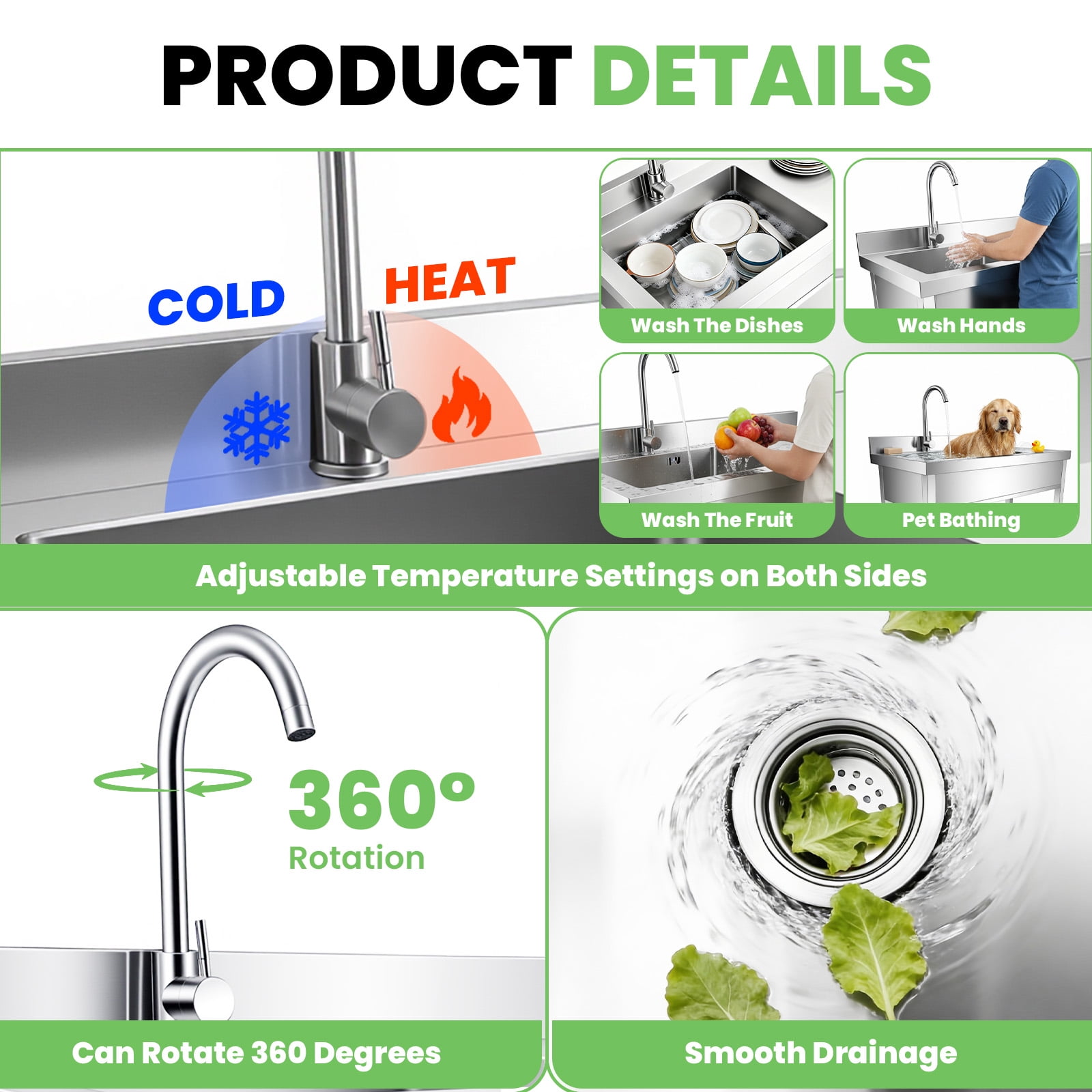 Washing Hand Basin, Stainless Steel Sink, Single Bowl Kitchen Utility Sink, Laundry Sink with Workbench Anti-Fingerprint Easy to Clean for Home and Commercial Laundry