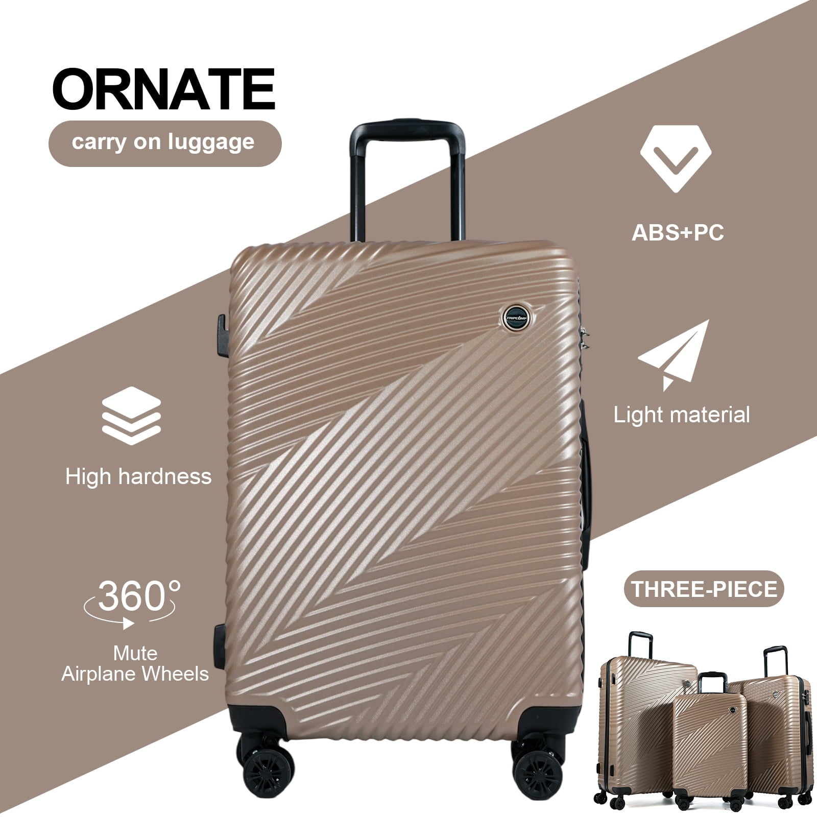 Tripcomp Luggage 3 Piece Set,Suitcase with Spinner Wheels Hardside Lightweight Luggage 20in24in28in.(Golden)