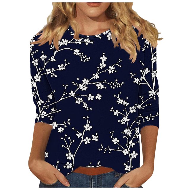Wanfds Hauts de Mode Bleus pour Femmes Tendance 2024 Grande Taille Col Rond Manches Trois-Quarts TG