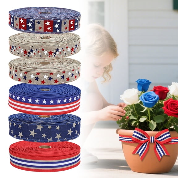 CHENjy Patriotic Linen Ribbon, Red White Blue American Flag Ribbon For Wreath Bows, 4th Of July Memorial Day DIY Crafts Decor,1PC