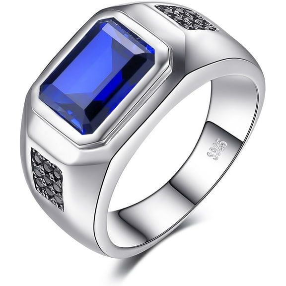 Men 4.3ct Created Blue Sapphire Anniversary Wedding Ring for Men, 14K White Gold Plated 925 Sterling Silver Promise Rings, Fashion Gemstone Jewelry Gift for Men 12