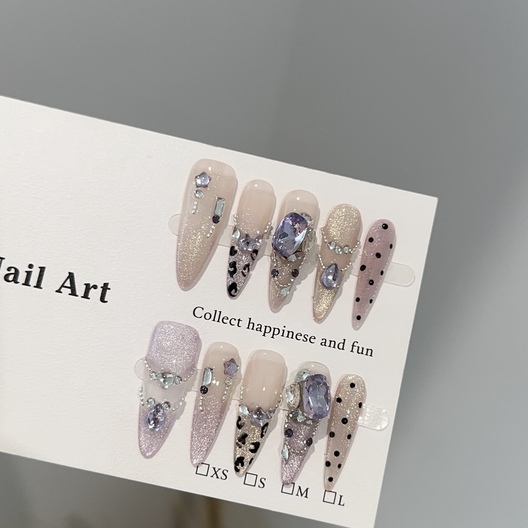 Purely handmade wearing nail high-end purple cat eye long pointed high-end nail art pieces stacked with diamonds and gold fake nail patches