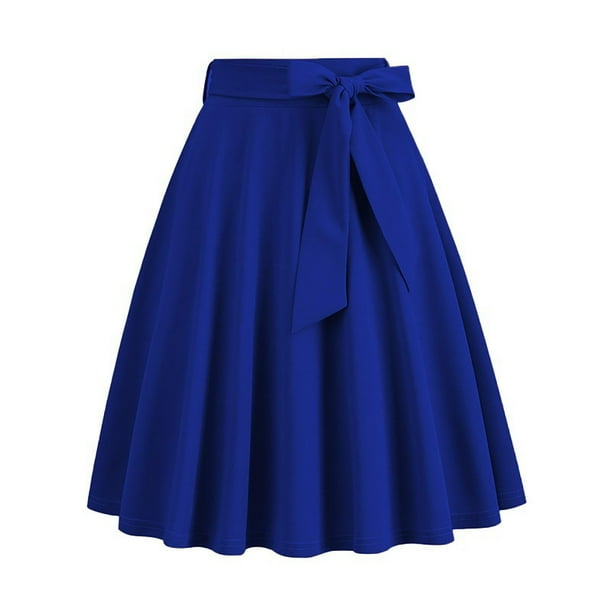 Karight Womens Midi Skirt Swing A-line Vintage Casual Elastic Wide Waist Flared Skirt with Belt