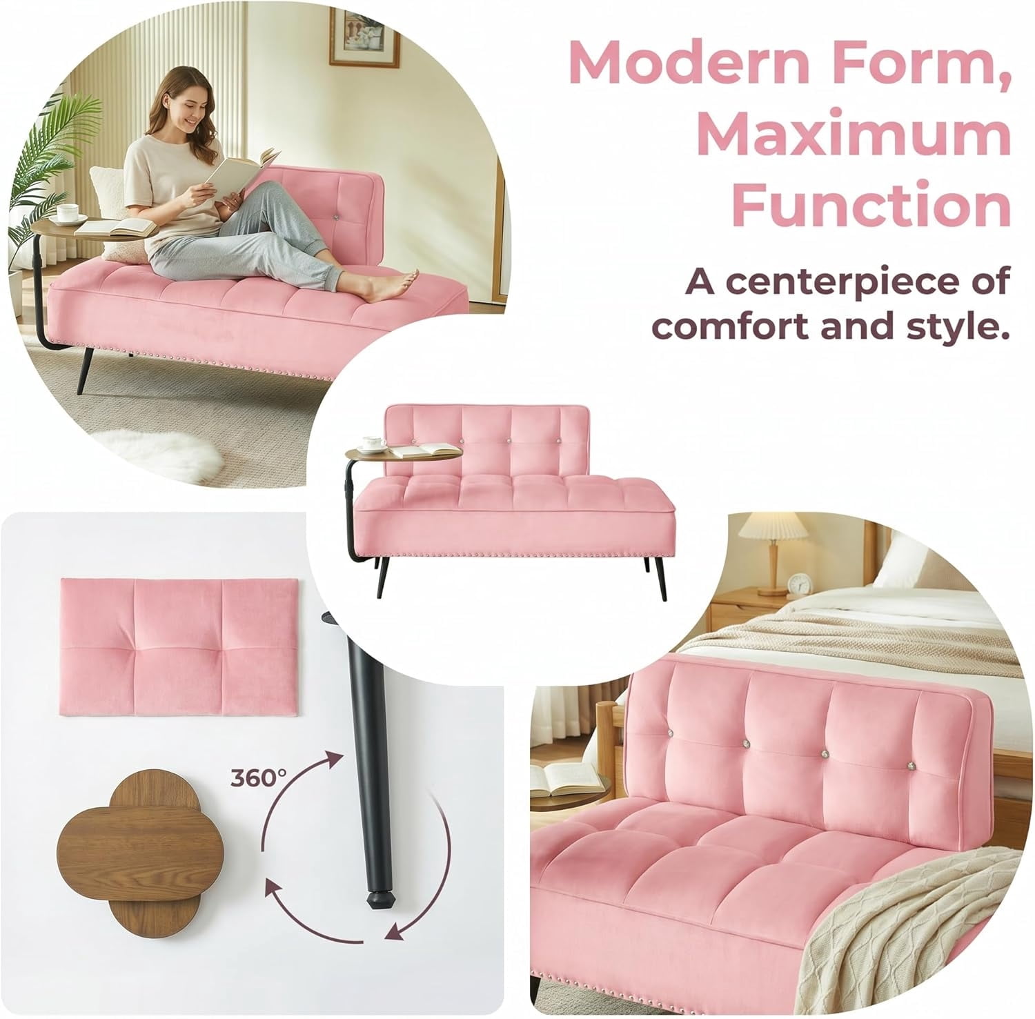 MOONMISS 54 inch 2-Seater Velvet Sofa with 360 Rotating Side Table Space Saving Multi Use Bench Office Living Room Apartment,Pink