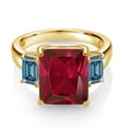 thumbnail image 2 of Gem Stone King 18K Yellow Gold Plated Silver 3-Stone Ring Octagon Red Created Ruby and Vivid Persian Blue Moissanite (6.86 Cttw, Size 7), 2 of 3