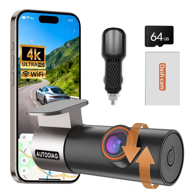 AUTODIAG Dashcam para Auto,4K Frontal,WiFi,Soporta hasta 256GB,Camara para Carro Camaras para Automovil Interior,170°Gran Angular,Visión Nocturna,Grabación en Bucle,Senso