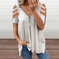 thumbnail image 2 of Simple Black And White Stripes Womens Summer V Neck Zipper Top Short Sleeve T Shirt Off Shoulder Top Casual Classy Loose Shirts, 2 of 7