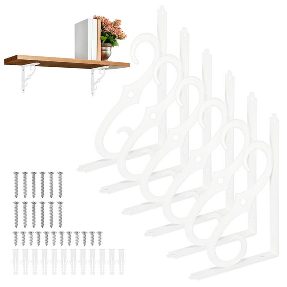 6-Pack Shelf Brackets, 10 Inch Long Iron Wall Mount Shelf Support Bracket for Home/Kitchen/DIY Decorative [White]